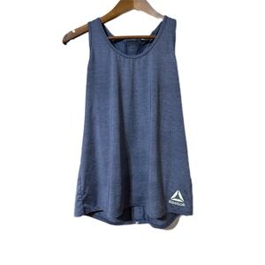 Reebok Womens Racerback Tank Top Blue Heathered Logo Tape Back Activewear large